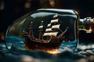 ein Schiff im ein Flasche mit ein Hand halten Es. KI-generiert foto