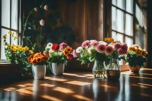 Blumen im Vasen auf ein Tabelle im Vorderseite von ein Fenster. KI-generiert foto