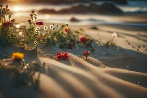 das Strand, Blumen, Sand, Sonnenuntergang, das Strand, Blumen, Sand, Sonnenuntergang, Die. KI-generiert foto