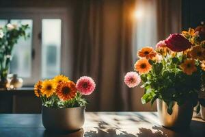 zwei Vasen von Blumen auf ein Tabelle im Vorderseite von ein Fenster. KI-generiert foto