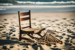 ein Stuhl auf das Strand mit Stöcke und ein Strand. KI-generiert foto