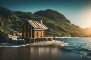 ein klein hölzern Haus auf das Strand. KI-generiert foto