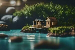 ein Miniatur Haus auf ein Dock durch das Wasser. KI-generiert foto