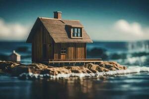 ein Miniatur Haus auf ein Felsen durch das Ozean. KI-generiert foto