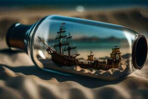 ein Schiff im ein Flasche auf das Strand. KI-generiert foto