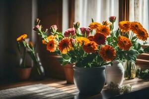 Orange Blumen im ein Vase auf ein Fensterbrett. KI-generiert foto