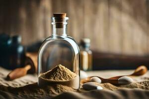 ein Flasche von Sand mit ein Löffel und ein hölzern Löffel. KI-generiert foto