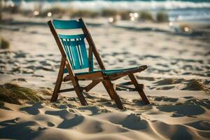 ein hölzern Stuhl sitzt auf das Strand in der Nähe von das Ozean. KI-generiert foto