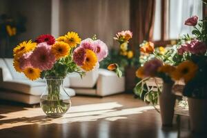 Blumen im ein Vase auf ein hölzern Boden. KI-generiert foto