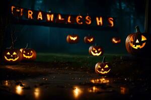 Halloween Kürbisse im das dunkel mit das Wort. KI-generiert foto