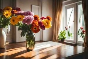 Blumen im Vasen auf ein Tabelle im Vorderseite von ein Fenster. KI-generiert foto