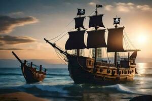 Pirat Schiff im das Ozean beim Sonnenuntergang. KI-generiert foto