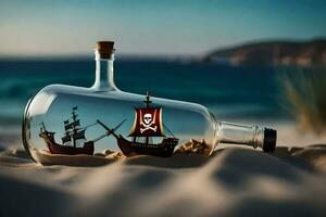 Pirat Schiff im ein Flasche auf das Strand. KI-generiert foto