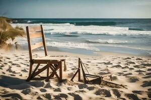 ein Stuhl sitzt auf das Strand in der Nähe von das Ozean. KI-generiert foto