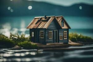 ein Miniatur Haus auf das Ufer von ein See. KI-generiert foto