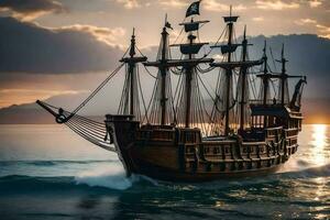 ein Pirat Schiff ist Segeln im das Ozean. KI-generiert foto