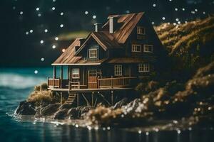 ein klein Haus auf ein klein Insel durch das Wasser. KI-generiert foto