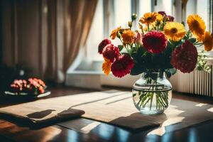 ein Vase von Blumen Sitzung auf ein Tabelle im Vorderseite von ein Fenster. KI-generiert foto