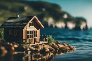 ein Miniatur Haus sitzt auf Felsen in der Nähe von das Wasser. KI-generiert foto