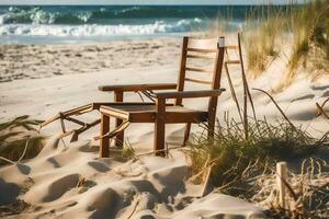 ein Stuhl sitzt auf das Sand in der Nähe von das Ozean. KI-generiert foto