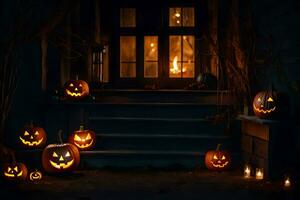 Halloween Kürbisse auf das Schritte von ein Haus. KI-generiert foto