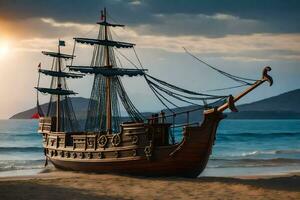 ein hölzern Pirat Schiff sitzt auf das Strand beim Sonnenuntergang. KI-generiert foto