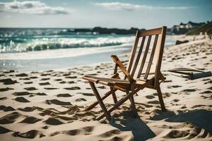 ein hölzern Stuhl sitzt auf das Strand in der Nähe von das Ozean. KI-generiert foto