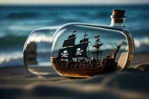 ein Schiff im ein Flasche auf das Strand. KI-generiert foto