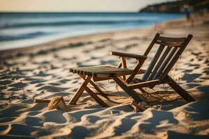 ein hölzern Stuhl sitzt auf das Strand beim Sonnenuntergang. KI-generiert foto