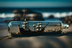 ein Schiff im ein Flasche auf das Strand. KI-generiert foto