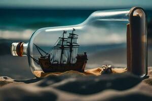 ein Schiff im ein Flasche auf das Strand. KI-generiert foto