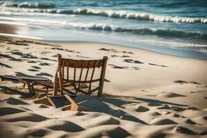 ein Stuhl sitzt auf das Sand in der Nähe von das Ozean. KI-generiert foto