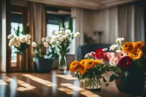 Blumen im Vasen auf das Fußboden im ein Leben Zimmer. KI-generiert foto