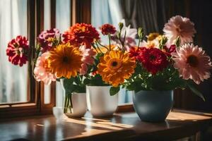 bunt Blumen im Vasen auf ein Fensterbrett. KI-generiert foto