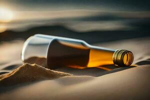ein Flasche von Bier ist Lügen im das Sand. KI-generiert foto