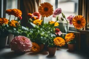 Blumen im Töpfe auf ein Fensterbrett. KI-generiert foto