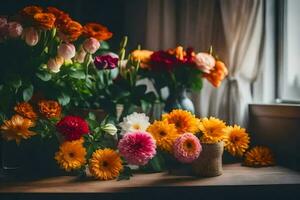 Blumen im Vasen auf ein Tisch. KI-generiert foto