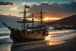 ein Pirat Schiff auf das Strand beim Sonnenuntergang. KI-generiert foto