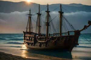 ein hölzern Schiff auf das Strand beim Sonnenuntergang. KI-generiert foto