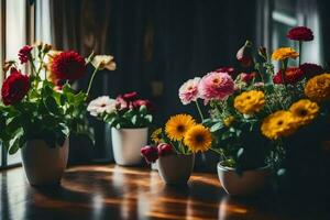 Blumen im Vasen auf ein Tisch. KI-generiert foto