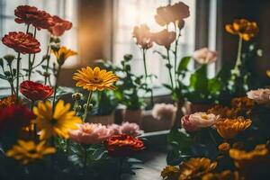 Blumen im ein Vase auf ein Tabelle im Vorderseite von ein Fenster. KI-generiert foto