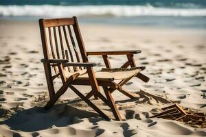 ein hölzern Stuhl auf das Strand mit Sand und Wasser. KI-generiert foto