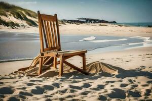 ein hölzern Stuhl sitzt auf das Strand in der Nähe von das Ozean. KI-generiert foto