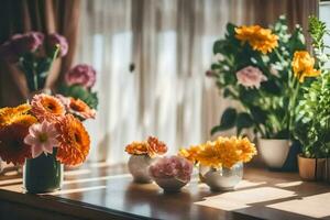 Blumen im Vasen auf ein Tabelle im Vorderseite von ein Fenster. KI-generiert foto