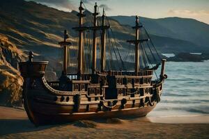 ein Pirat Schiff ist auf das Strand in der Nähe von das Ozean. KI-generiert foto