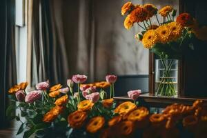 Orange Blumen im Vasen auf ein Tabelle im Vorderseite von ein Fenster. KI-generiert foto