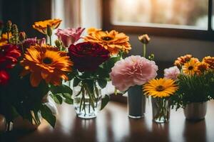 Blumen im Vasen auf ein Tisch. KI-generiert foto