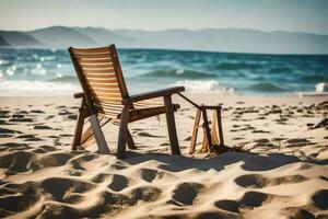 ein hölzern Stuhl sitzt auf das Strand in der Nähe von das Ozean. KI-generiert foto