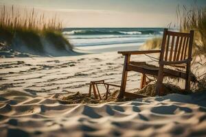 ein Stuhl sitzt auf das Sand in der Nähe von das Ozean. KI-generiert foto