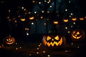 Halloween Kürbisse im das dunkel mit Beleuchtung. KI-generiert foto
